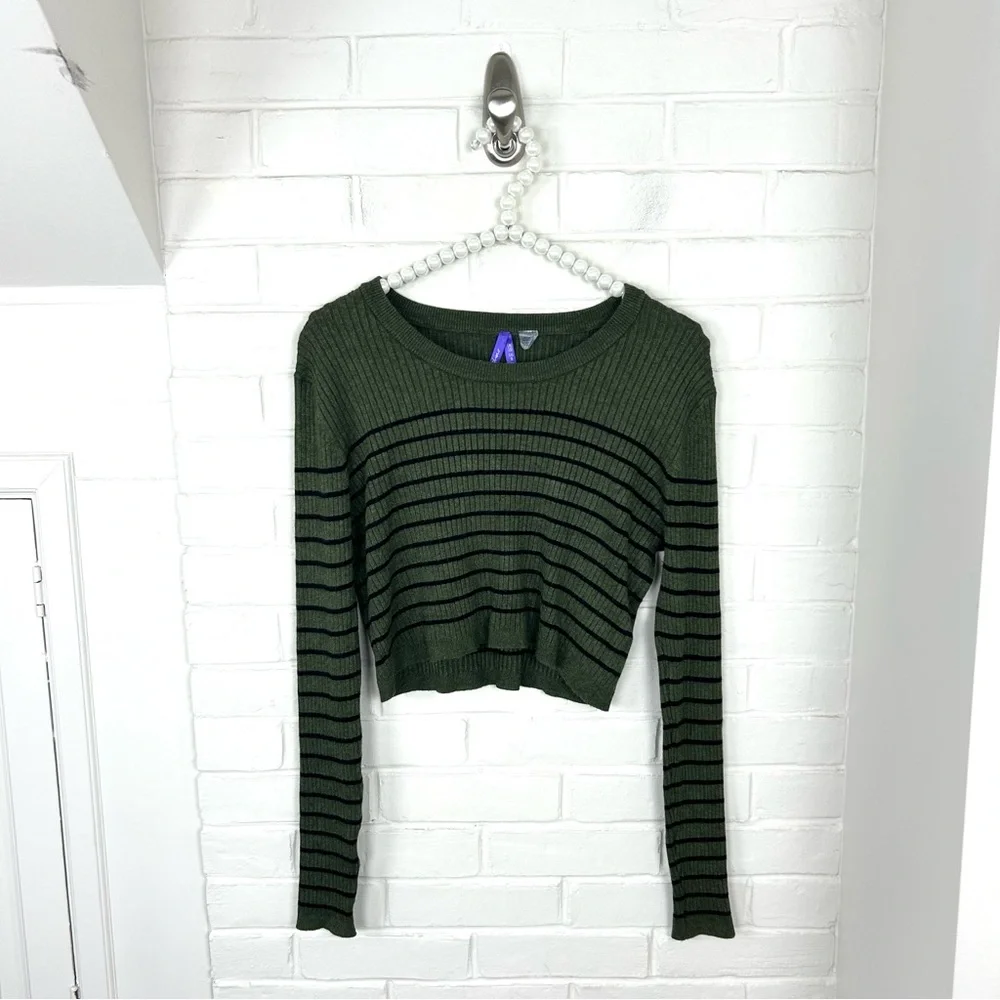Seraphine Maternity Green Ribbed Knit Striped Cropped Sweater Size US 6